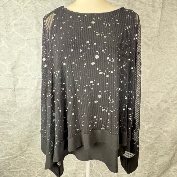 Artex Fashions Black Sheer Foil Dot Tunic Top XL Sparkle Overlay Asymmetric Hem - Picture 1 of 9